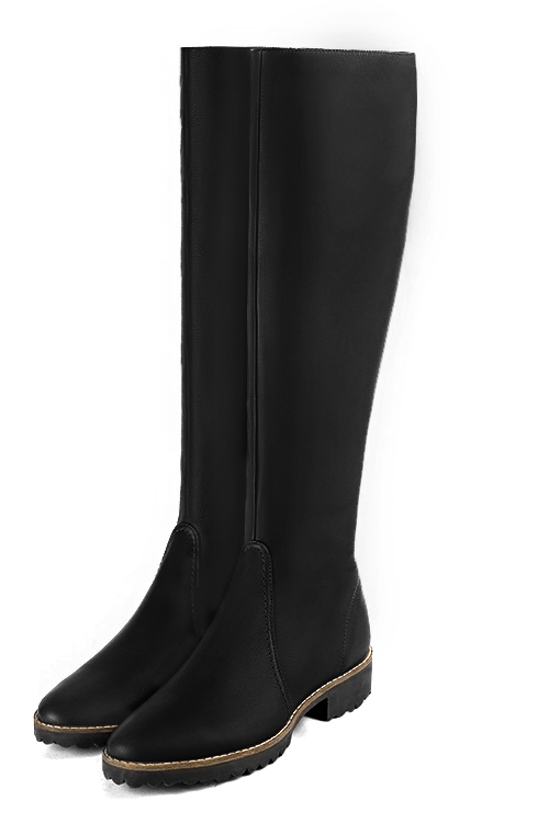 Satin black women's riding knee-high boots. Round toe. Flat rubber soles. Made to measure - Florence KOOIJMAN